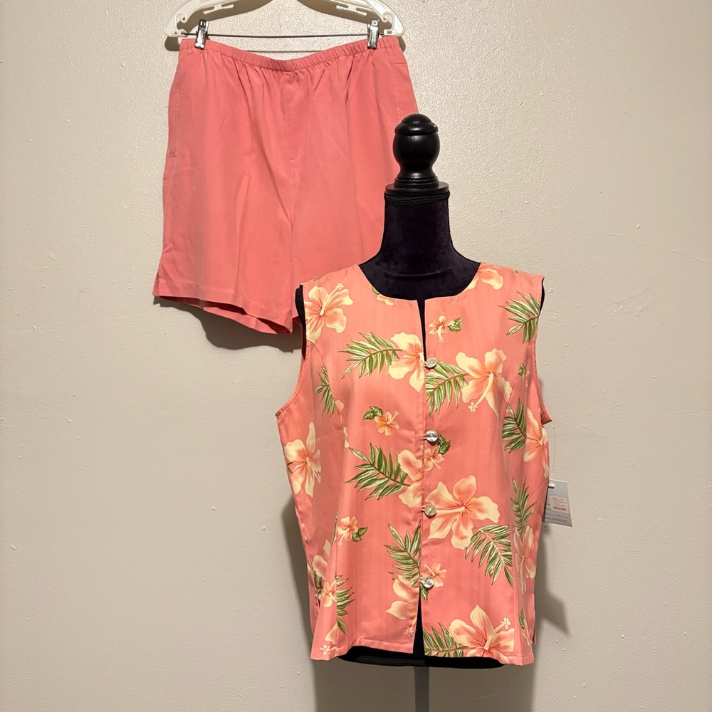 Pineapple Moon Floral 100% Silk Sleeveless Blouse & Shorts Set Pink XL Tropical